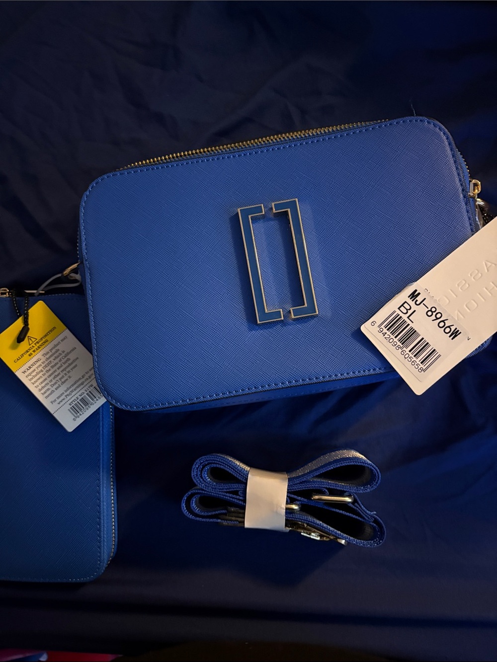 FASHION - Blue Crossbody Bag with Double-Bar Accent and wristlet wallet